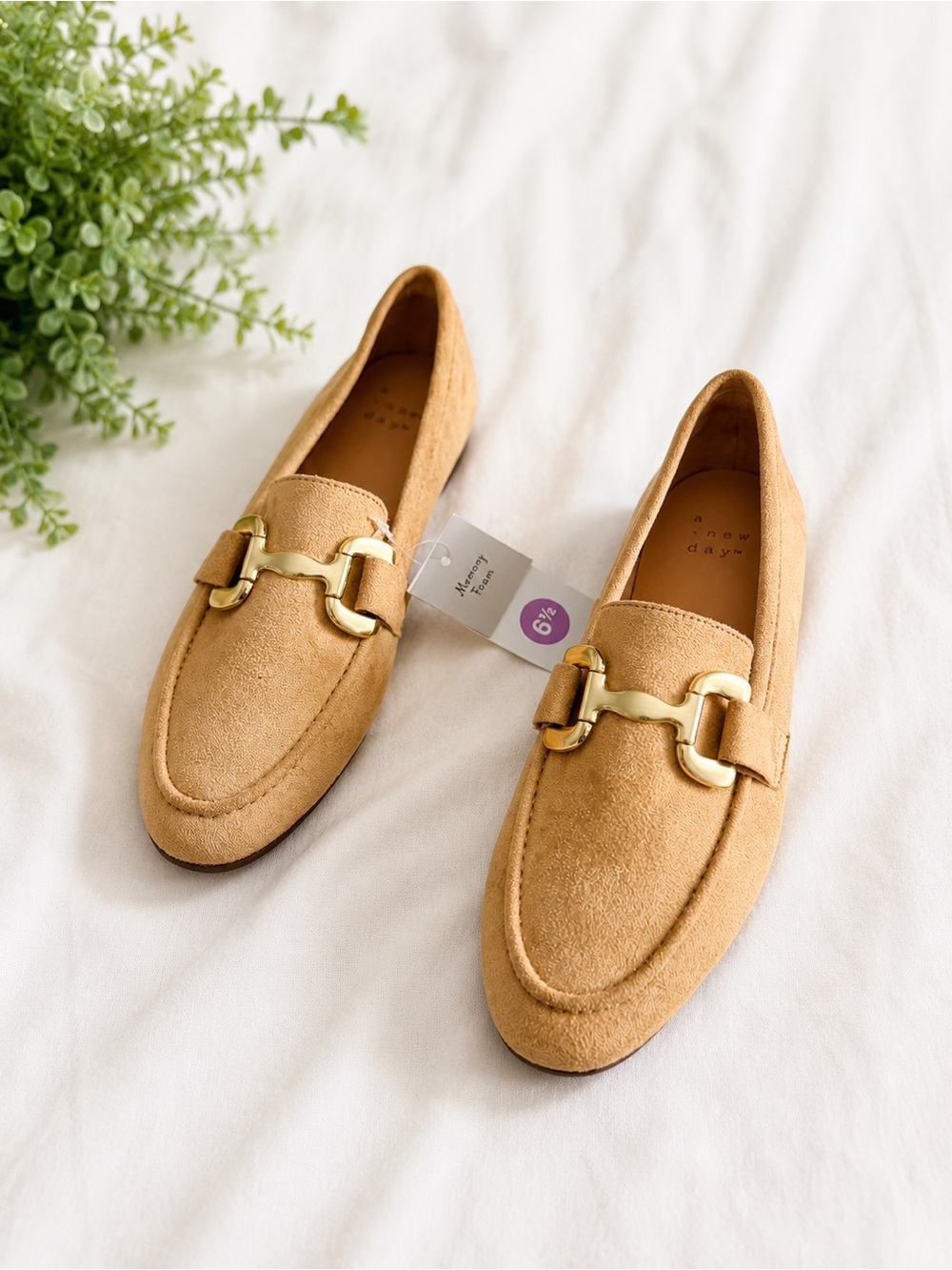 Tan Suede Loafers with Gold Hardware